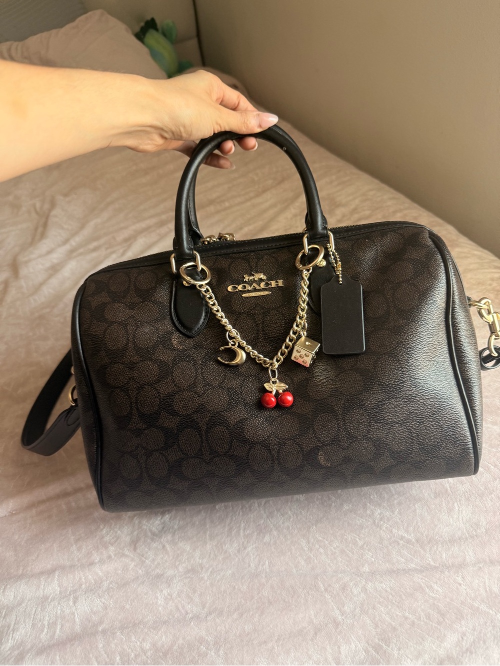 Coach Black Signature Satchel with Gold Hardware and Cherry Charm - Picture 2 of 4